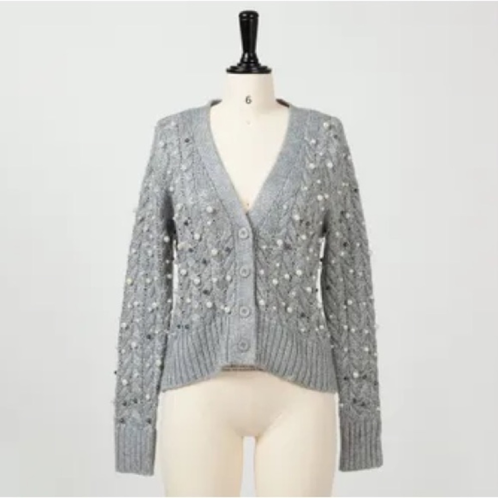 ModCloth Silver Knit Pearl Beaded Cropped Cardigan